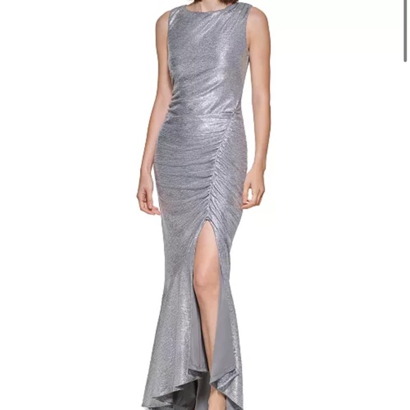 Calvin Klein Metallic Silver Ruched Slit Gown NWT Size 6 - Picture 1 of 9